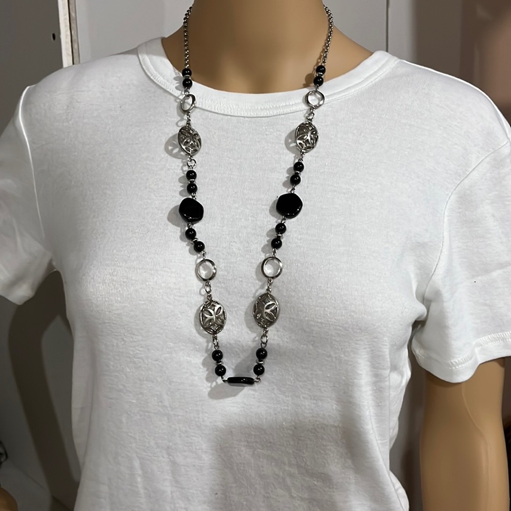 Silver and black beaded long necklace